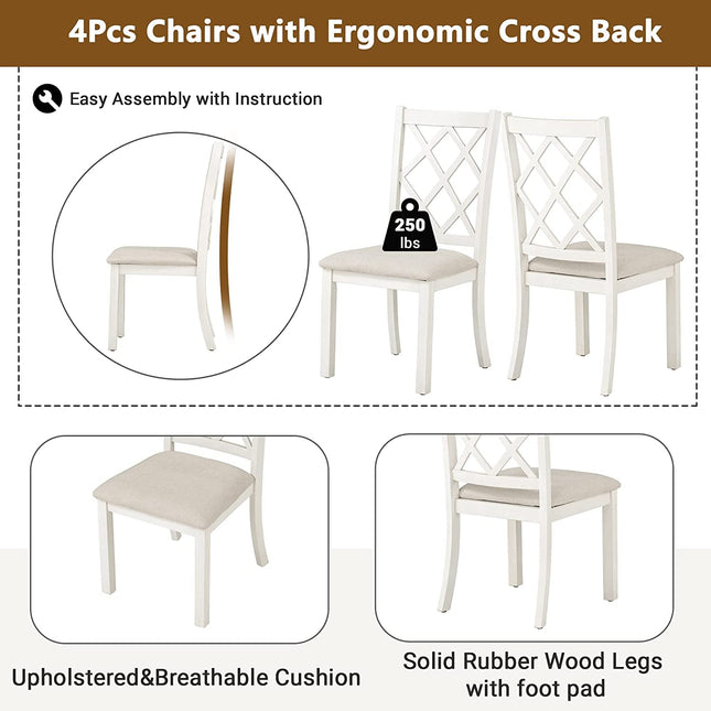 Set of four white chairs with ergonomic cross back design, featuring cushions and solid rubber wood legs.