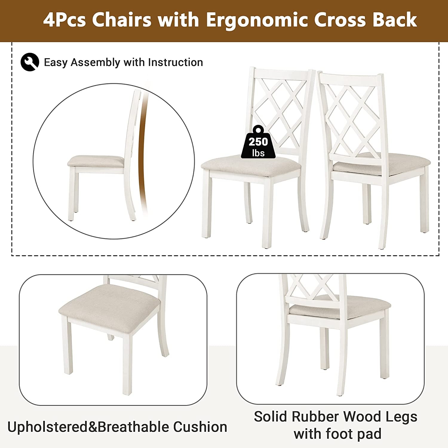 Set of four white chairs with ergonomic cross back design, featuring cushions and solid rubber wood legs.