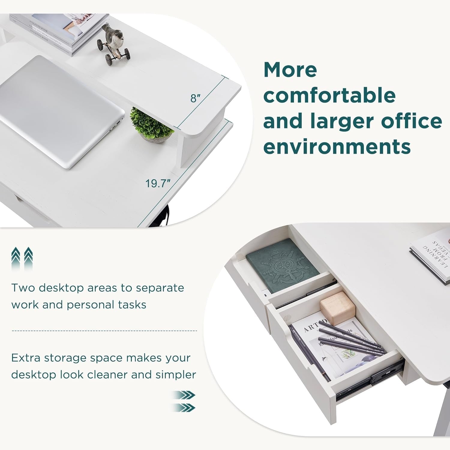 White office desk with two desktop areas and storage drawer, text highlighting features.