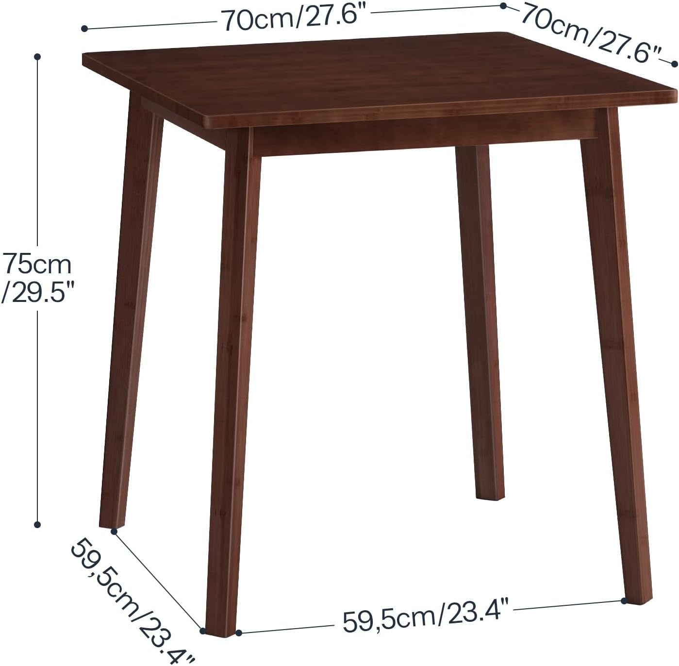 Wooden table with dimensions labeled on a white background