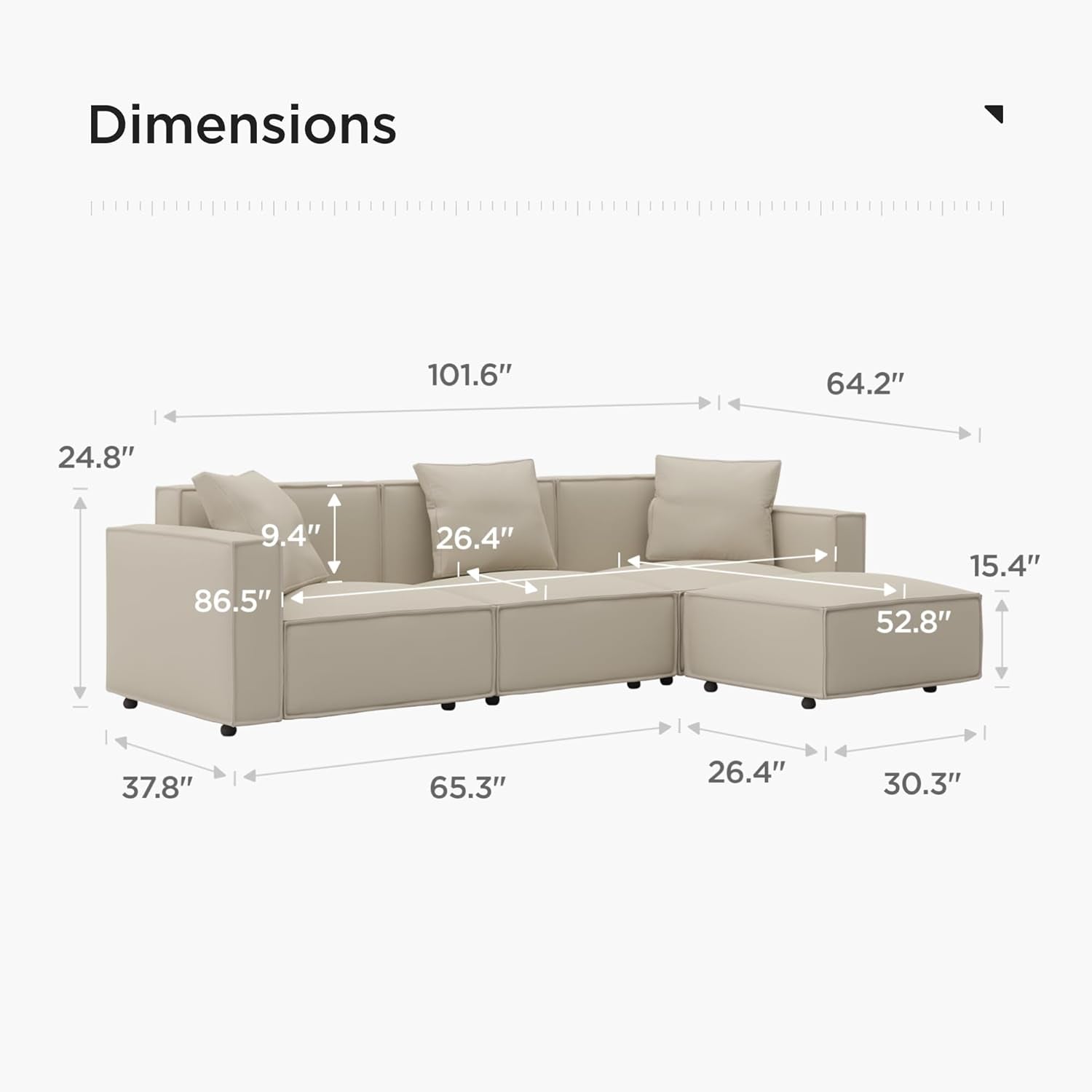 Sectional sofa with dimensions labeled on a white background