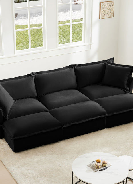 Living Room Sofa Slipcovered Sofa 3 Seater Sofa With 3 Ottomans, Oversized 3-Seat Sleeper Sofa Bed Home Theater Sofa, Chenille, Black