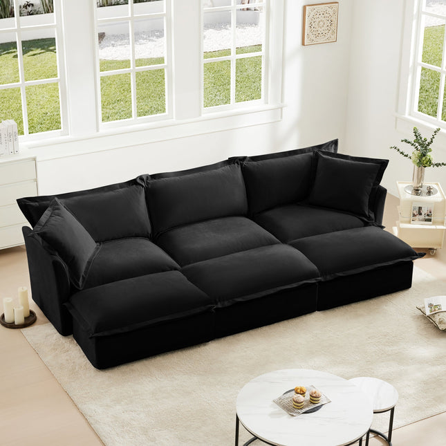 Chenille 3-Seat Sleeper Sofa with 3 Ottomans, Black