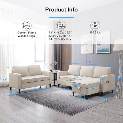 2 Piece Sofa Set, Sofa and Loveseat Sets for Living Room, L Shape Sectional Sofa with Chaise, 3 Seater Convertible Sectional Sofa Couch for Apartment-2