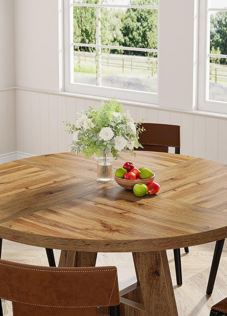 round Dining Table Wood Kitchen Table for Dining Room Living Room, 47" Dinning Room Tables for 4 Adult, Farmhouse Dinner Table with Wooden Tabletop and Cross Base, Burlywood(Only Table)-2