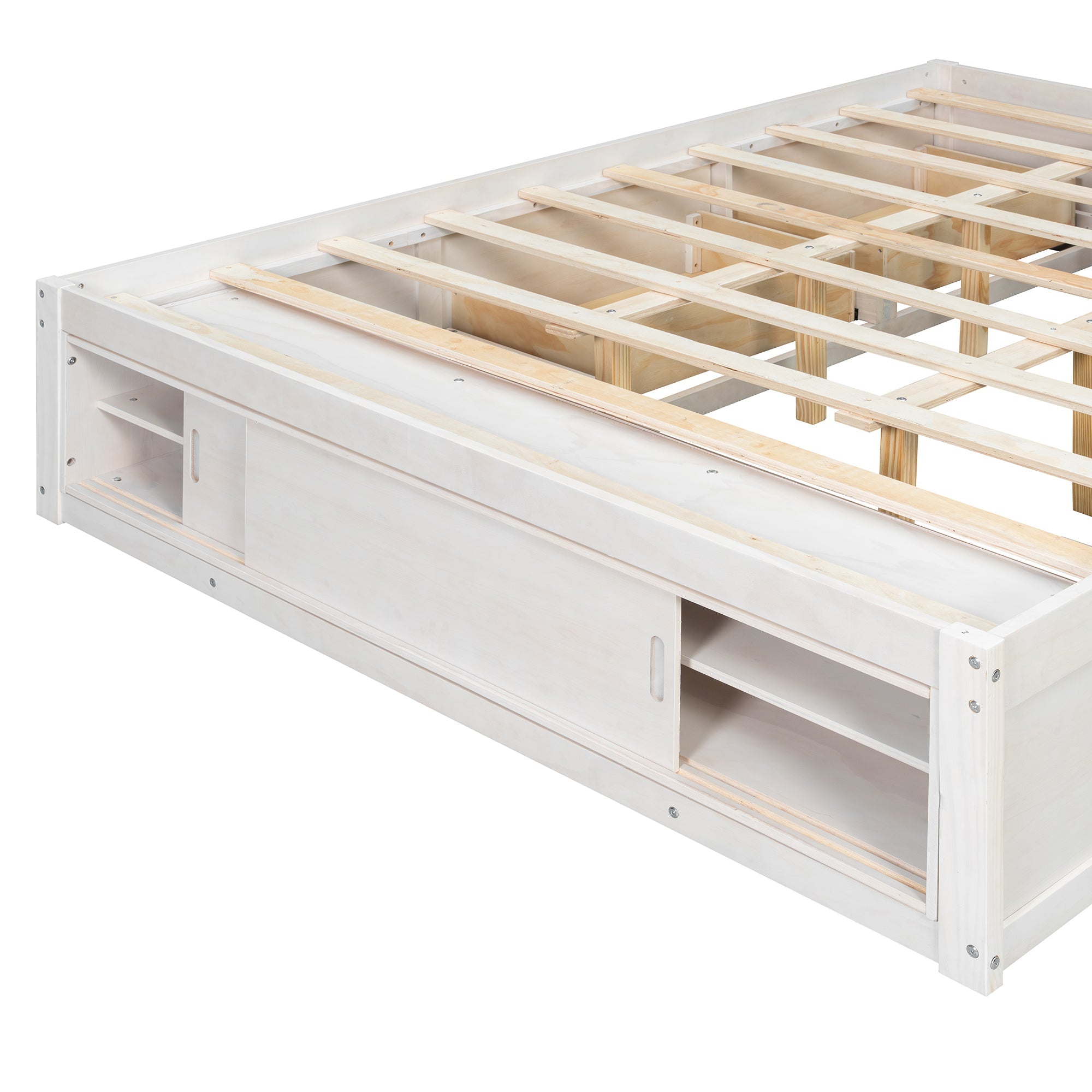 Platform Bed Frame with 4 Storage Drawers and Footboard Storage Cubby,