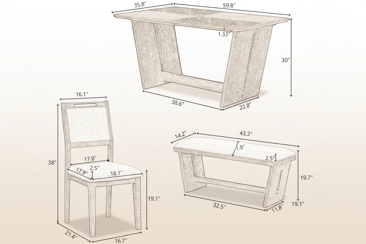Dimensions of a dining table, chair, and bench on a white background