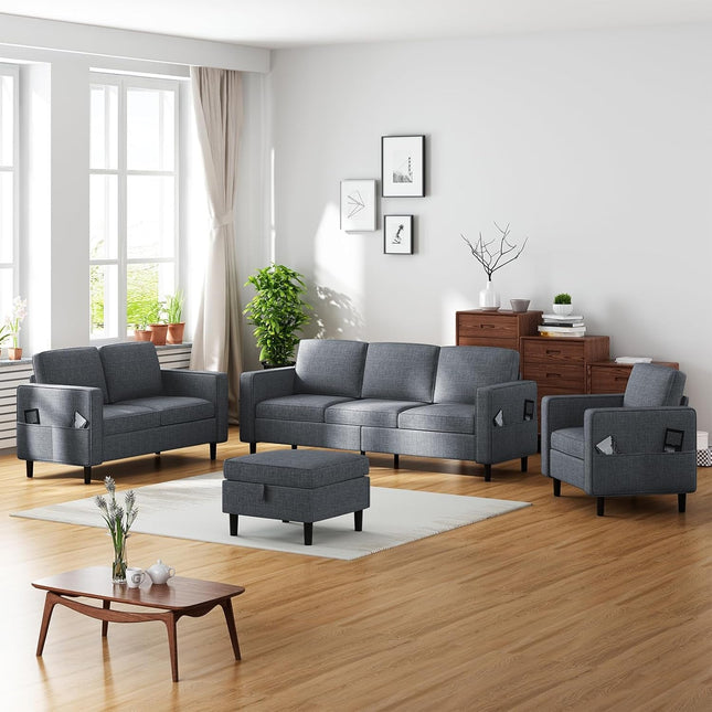 6 Seaters Sectional Upholstered Sofa, Linen Fabric Sofa Couch with Side Pockets, Free Combination Sofa Set with Movable Storage Ottoman, for Living Room-Sofa&Loveseat&Chair&Ottoman,Dark Grey