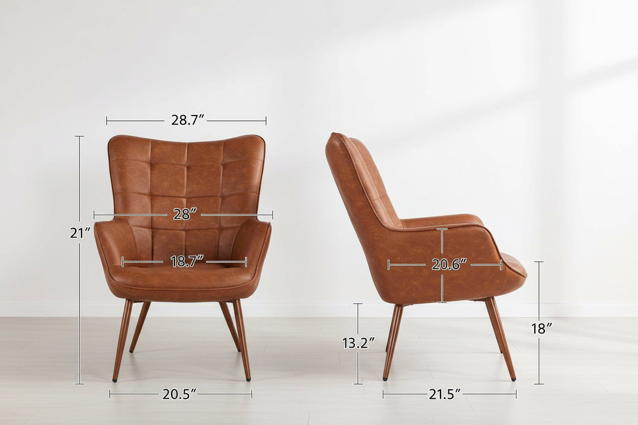 Brown leather armchair with dimensions and weight capacity label on a white background