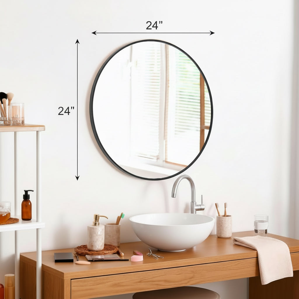 Black Round Wall Mirror 24 Inch Shatterproof Glass Bathroom
