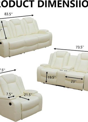 Leather Power Recliner Sofa Set with LED, Living Room Furniture Set, Leather Sofa Set with USB Port Storage Console Cup Holder (Power Reclining Sofa Set, Cream White)