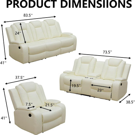 Cream White Leather Power Recliner Sofa with LED, USB, Console & Cup Holders