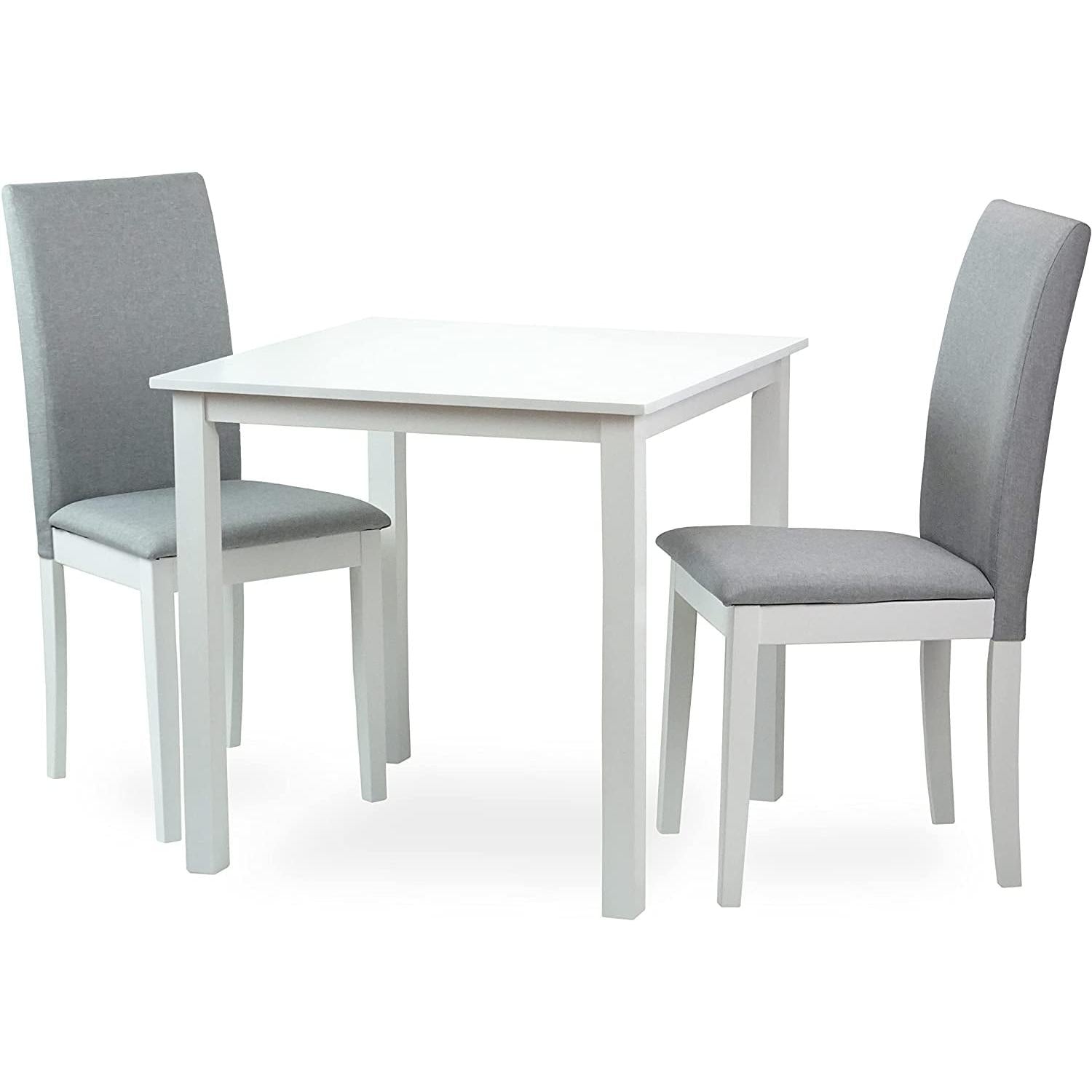 White dining table with two gray chairs on a white background