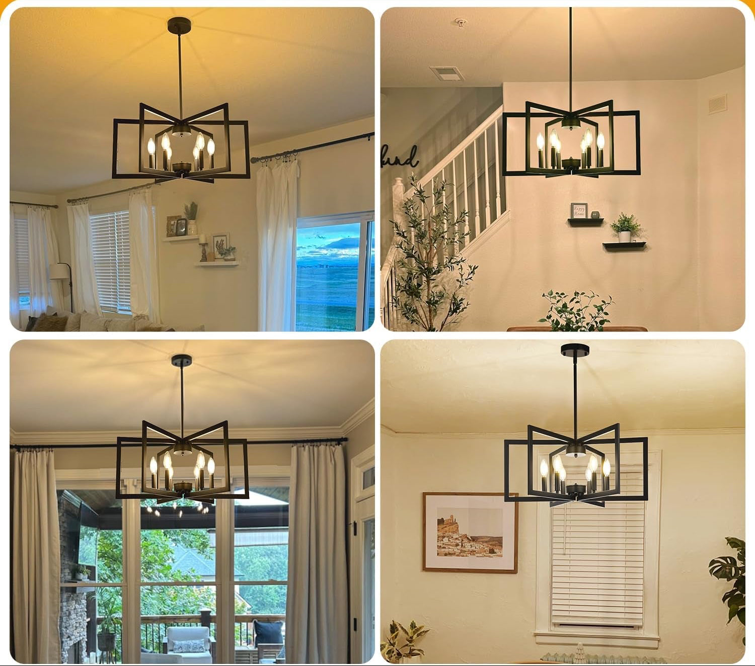 Collage of four photos showing a chandelier in different U.S. dining rooms.