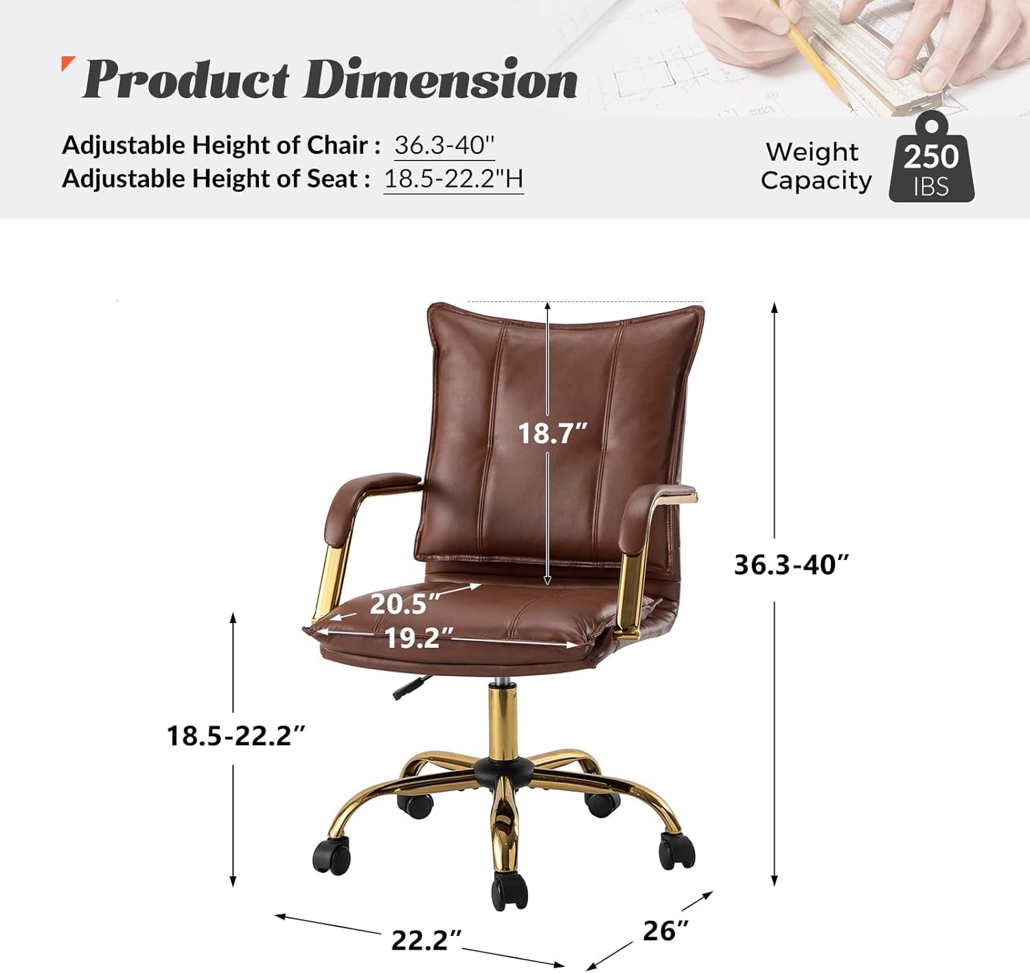 Brown office chair with dimensions and weight capacity on a white background