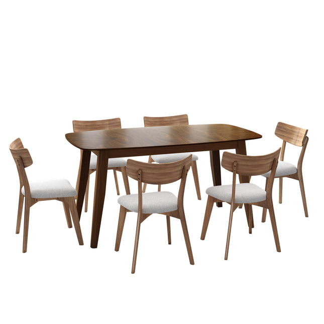 7-Piece Mid-Century Dining Set with Walnut Finished Frame, Upholstered Dining Chairs,Light Beige Chairs and Walnut Wood Table-0