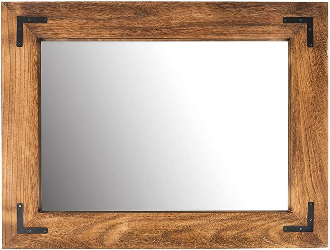 Wooden-framed mirror with metal brackets on a white background