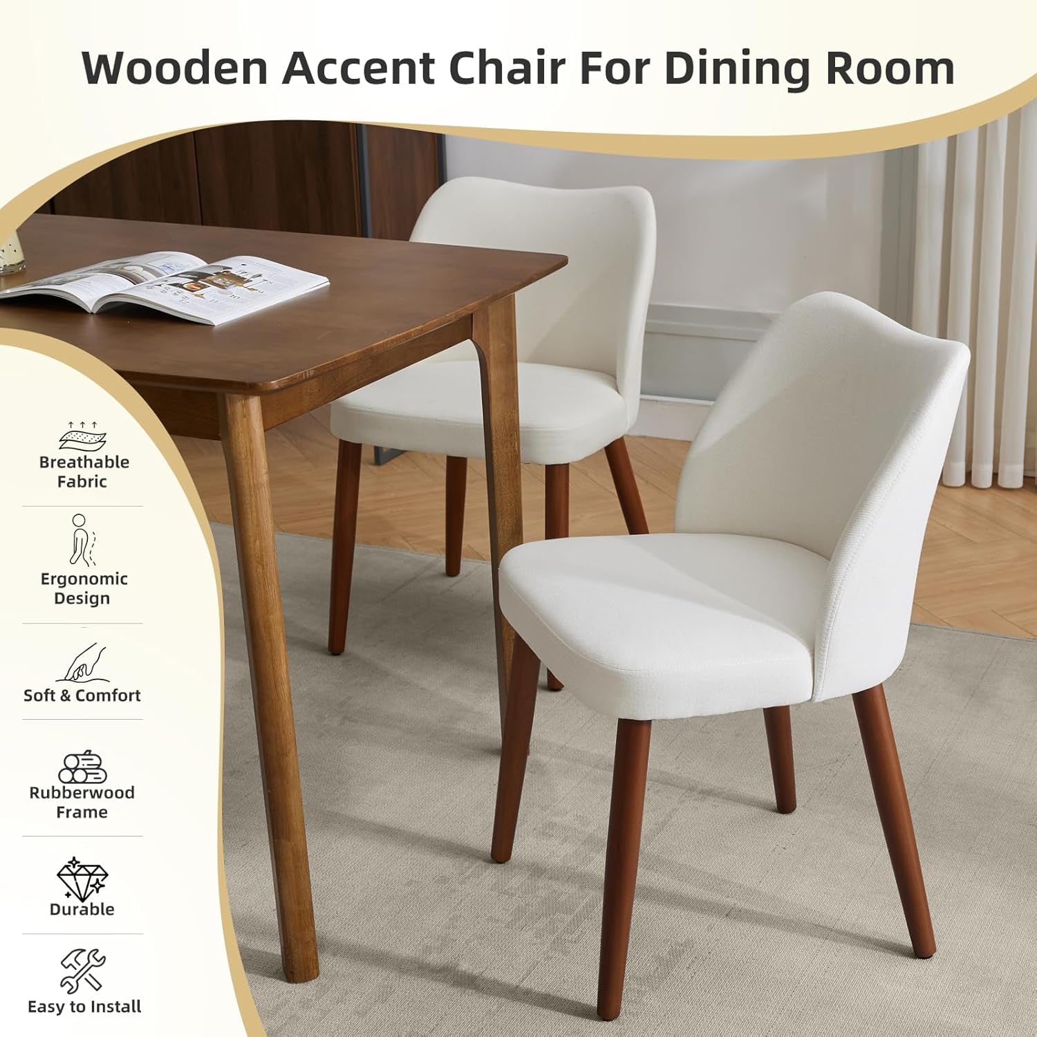 White accent chair with wooden legs next to a dining table in a room setting.
