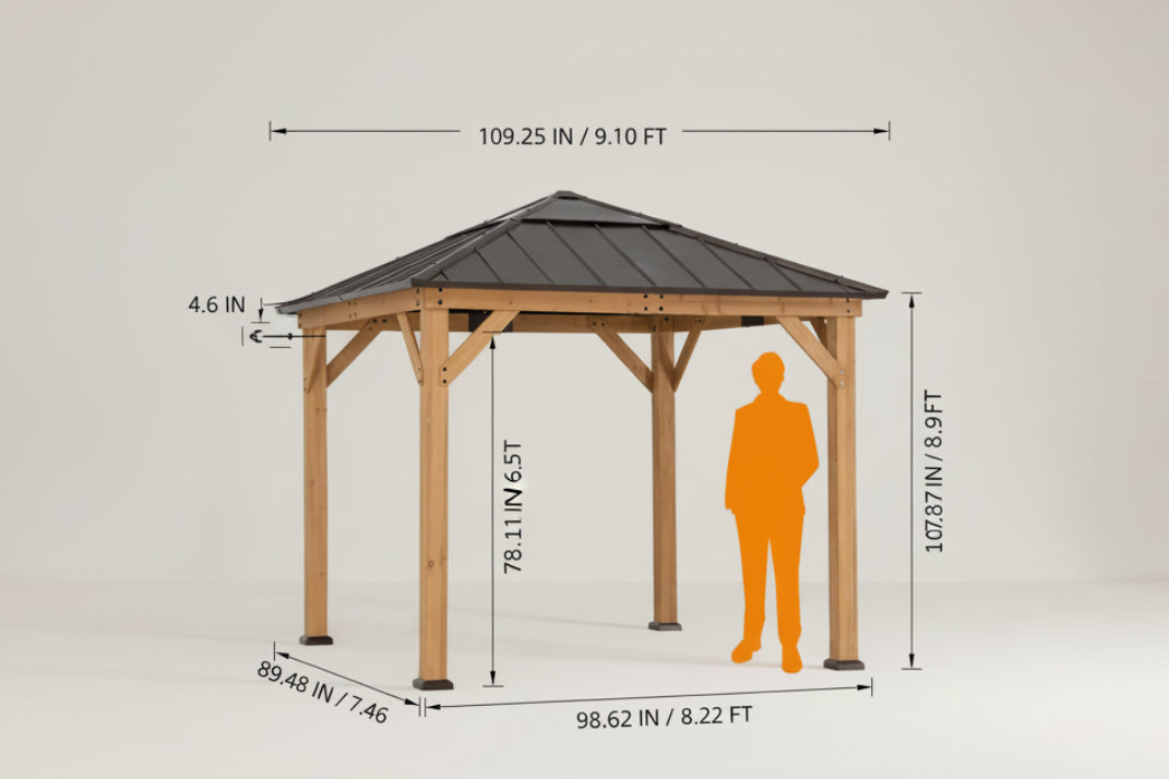 Sunjoy gazebo dimensions diagram with a person for scale on a white background