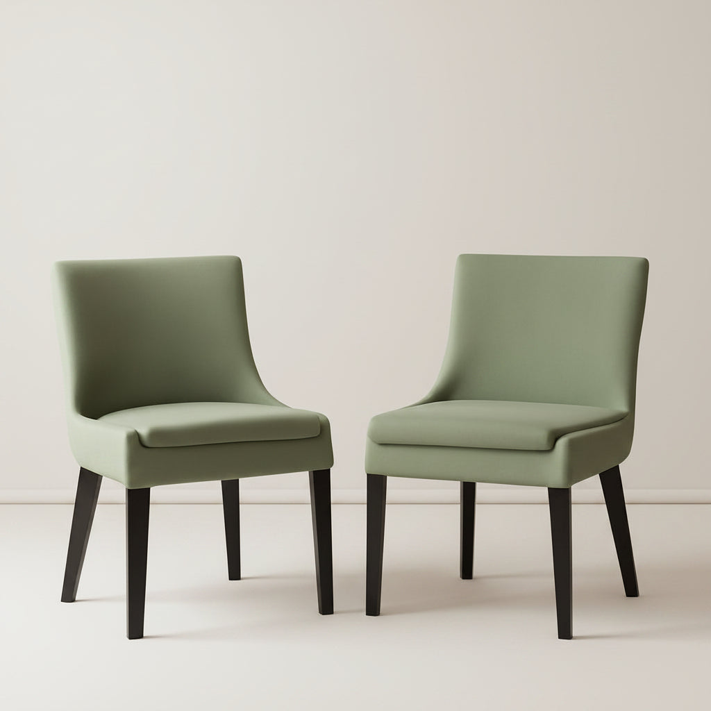 Two green chairs in a room with a beige wall and a small table with a vase.