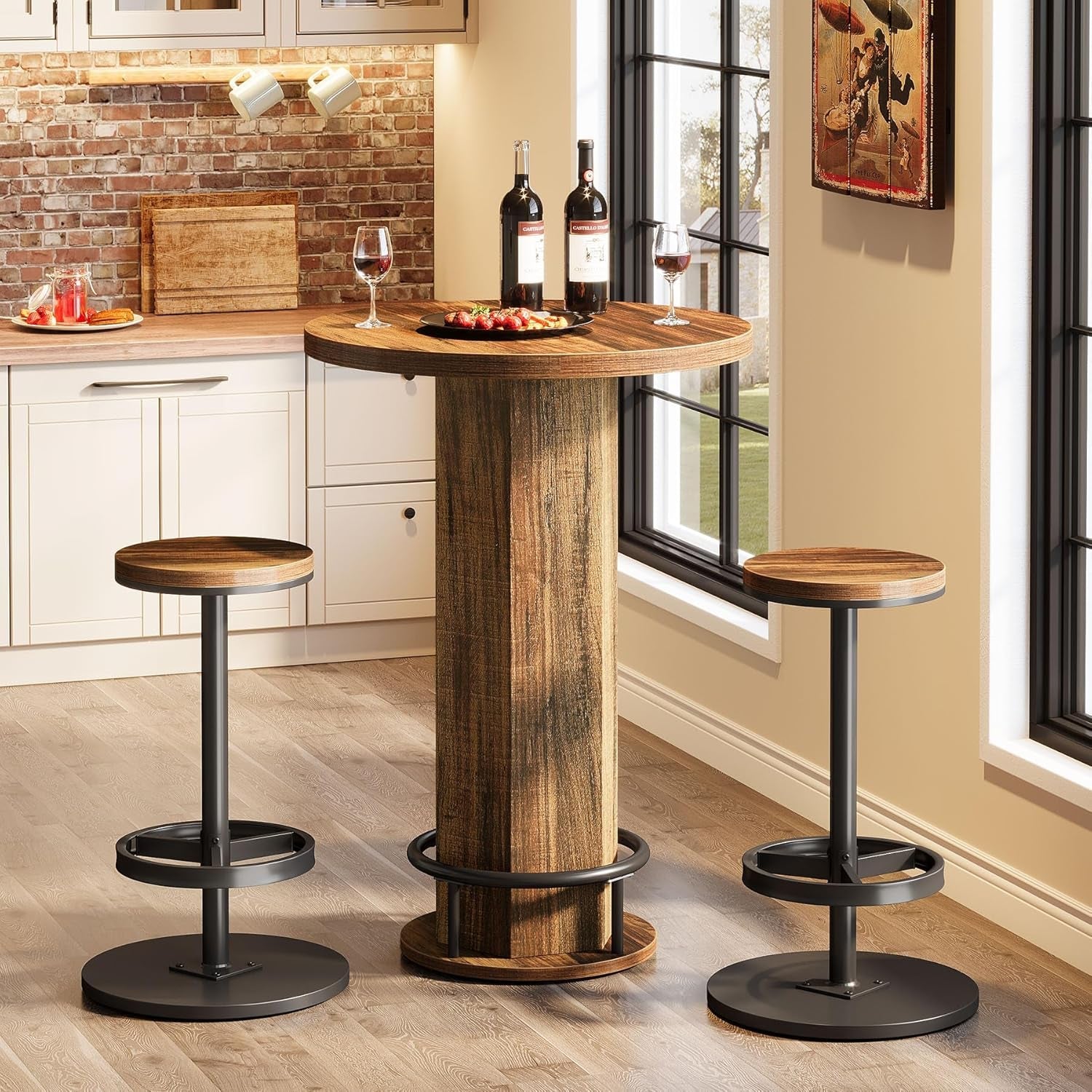 Wooden bar height table with two stools in a kitchen setting