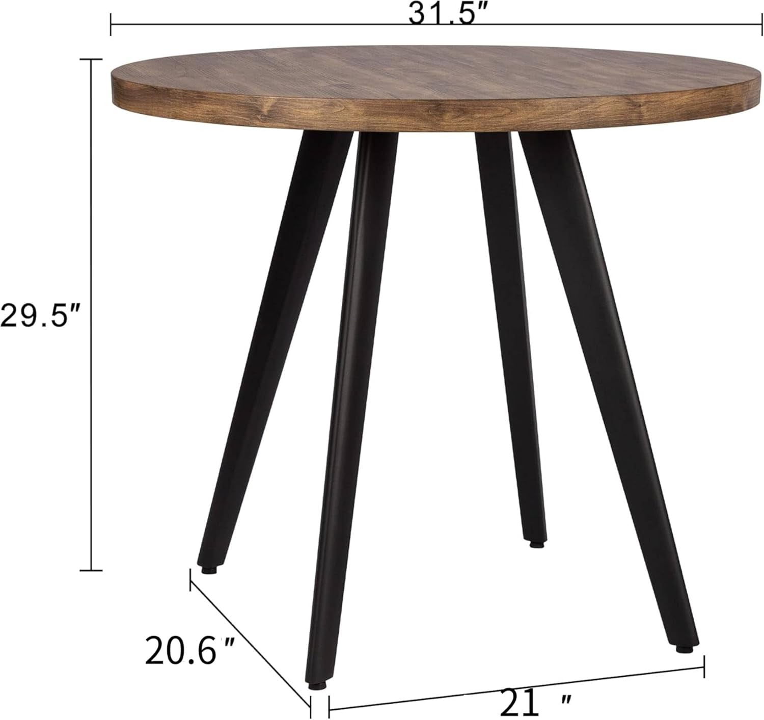Round wooden table with black metal legs and dimensions labeled on a white background