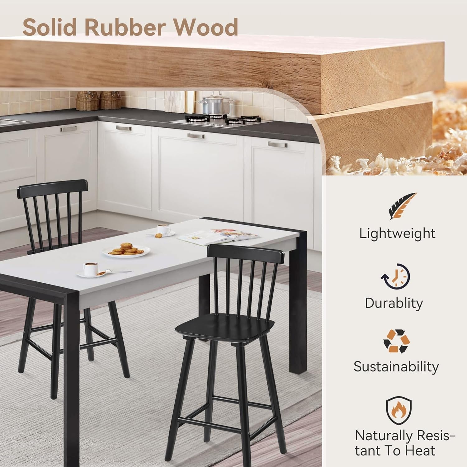 Kitchen setting with a dining table and chairs, featuring solid rubber wood material.