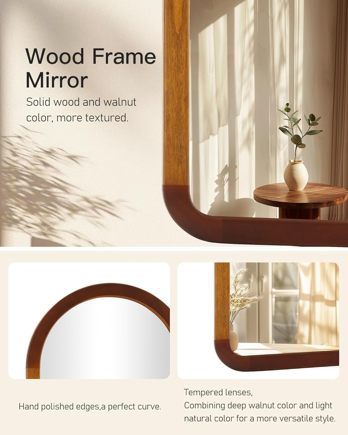 Wood frame mirror with a textured design, shown in a room setting.