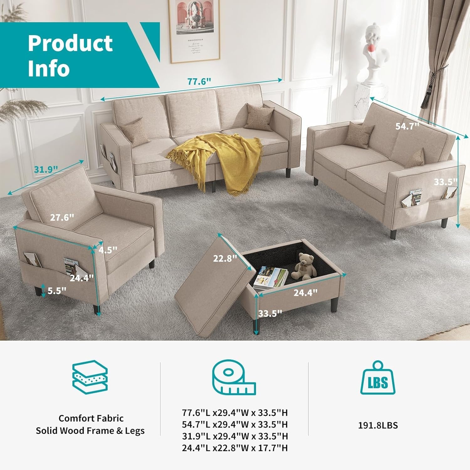 Beige Sectional Sofa Set With Movable Storage Ottoman-1