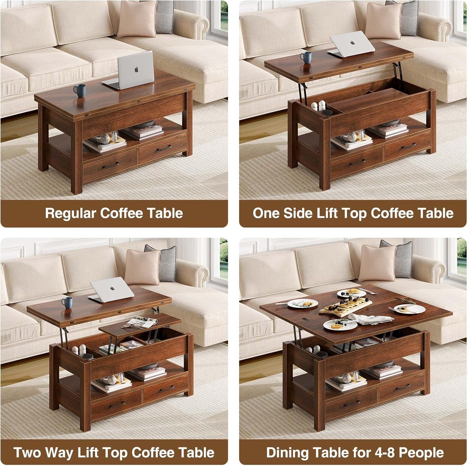 Comparison of a regular coffee table, one side lift top coffee table, two way lift top coffee table, and a dining table for 4-8 people.