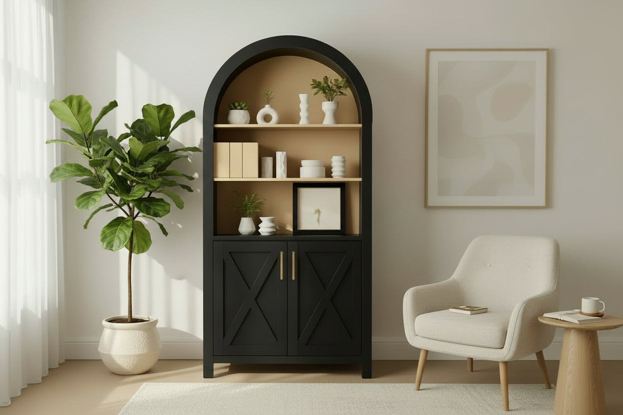 Black arched cabinet with decorative items against a yellow wall