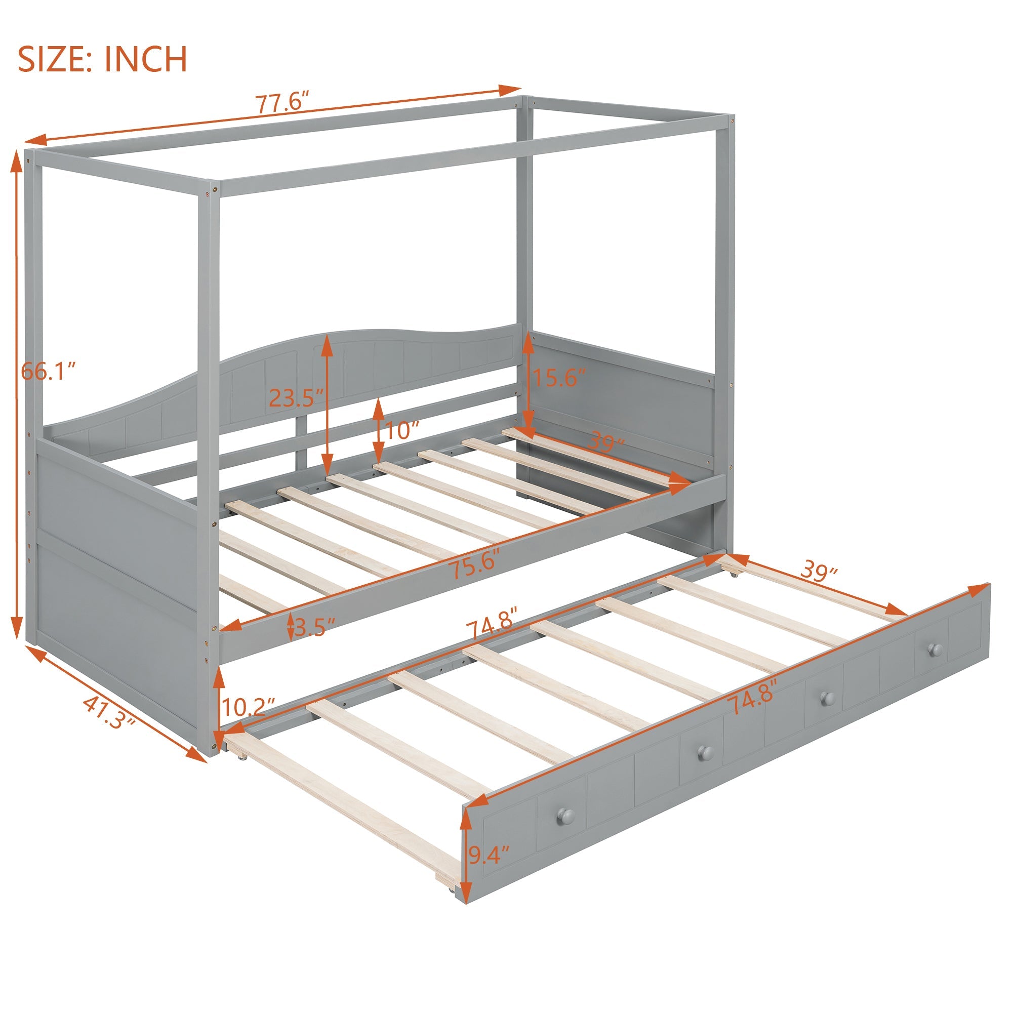 Twin Size Canopy Day Bed with Twin Size Trundle and Underbed Storage