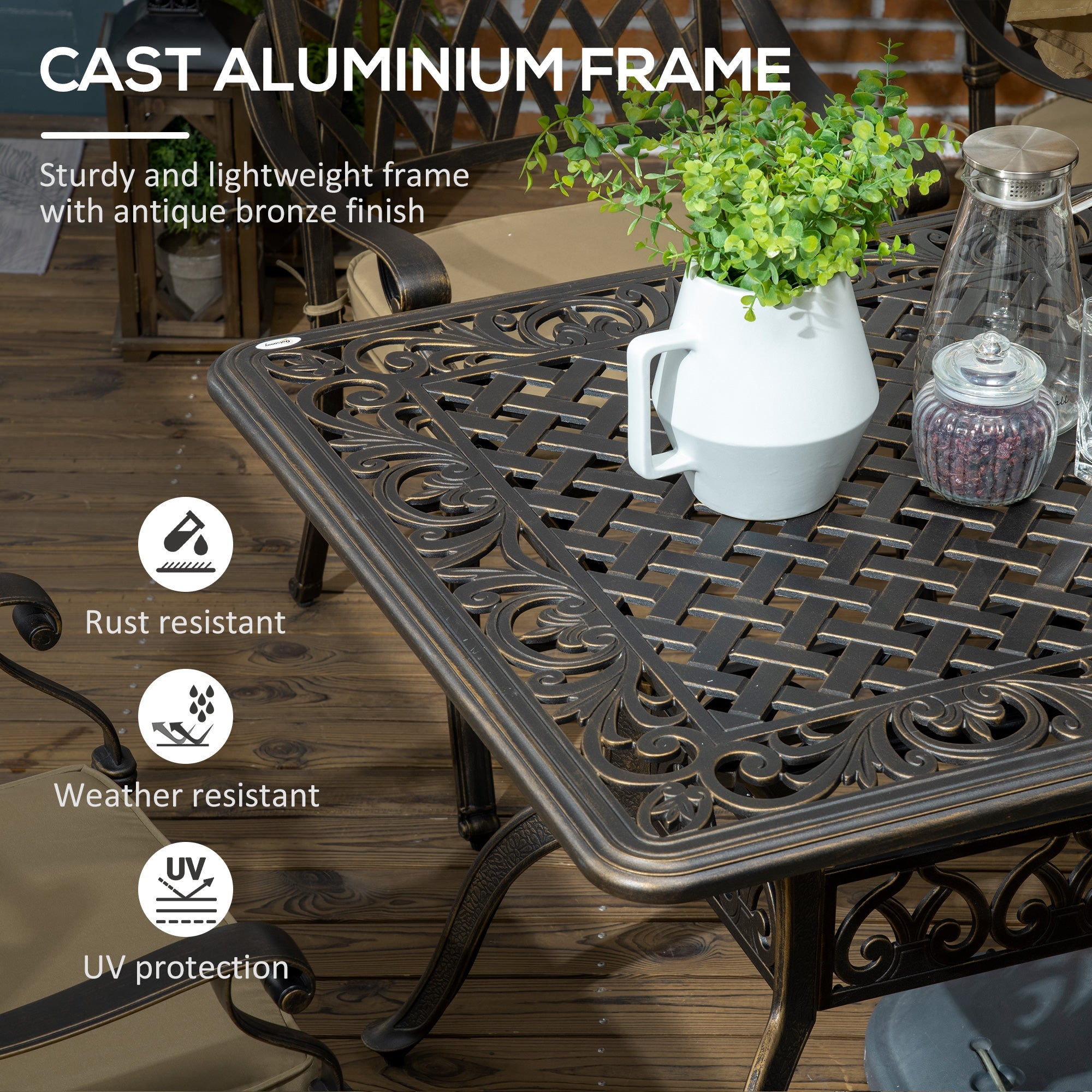 6-Seater Patio Dining Set with Umbrella Hole, Cast Aluminum Patio Furniture Set with Six Cushioned Chairs and Rectangle Dining Table, Bronze-3