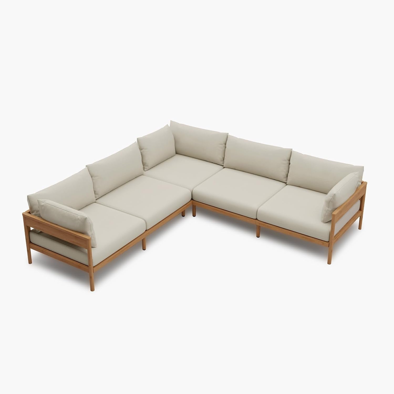 Sectional outdoor sofa with beige cushions on a white background