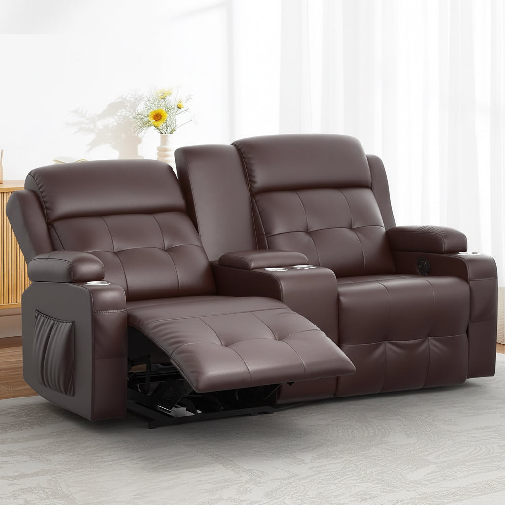 Two people relaxing on a brown recliner with text about weight capacity and product features.