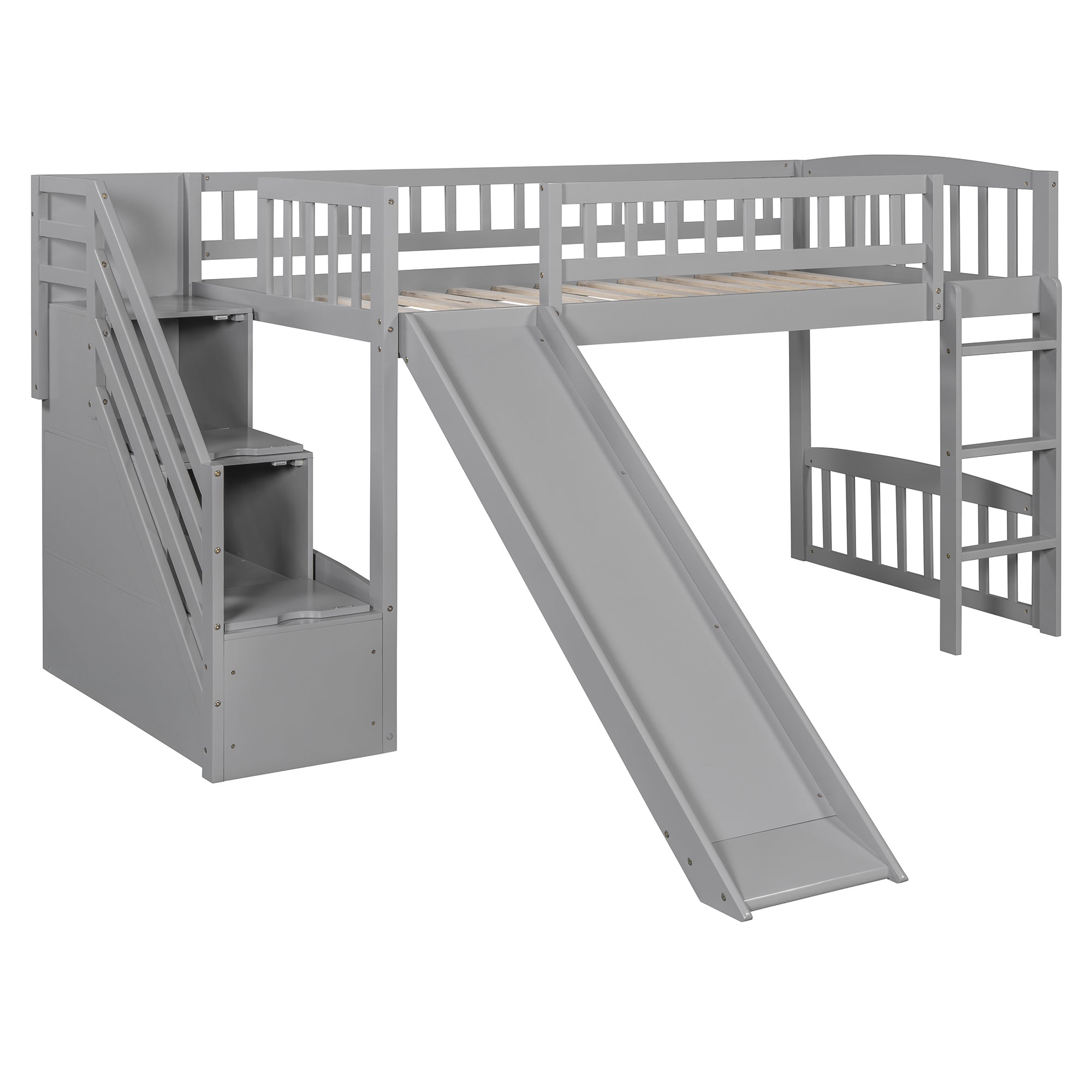 Stairway Twin Size Loft Bed with Two Drawers and Slide