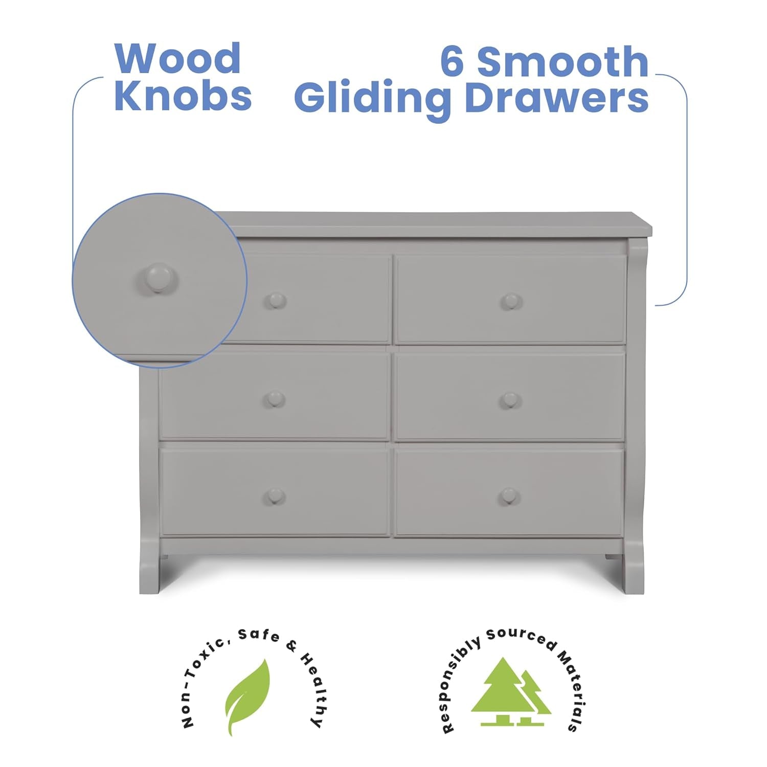 Gray dresser with wood knobs and smooth gliding drawers on a white background