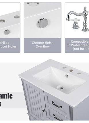 30' Bathroom Vanity with Sink, Bathroom Cabinet with A Door, Three Drawers, Solid Wood Legs & MDF Board, Adiustable Foot Pads, Grey (Other Color: N725P195409K)-2