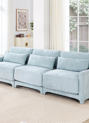 Elegant Sky Blue Three-Seater Sofa with Lumbar Pillow, Chenille Upholstery, Ergonomic Design, Wooden Base-3