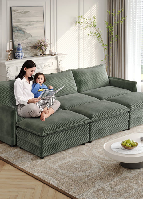 Corduroy fabric 3-seater comfortable cloud sofa with 3 movable footrests for living room, oversized deep-seat recliner, upholstered large-size deep-seat sofa with 3 cushions-0