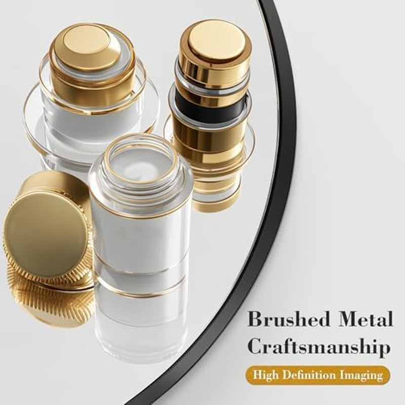 Cosmetic jars with gold lids on a reflective surface, highlighting 'Brushed Metal Craftsmanship' text.