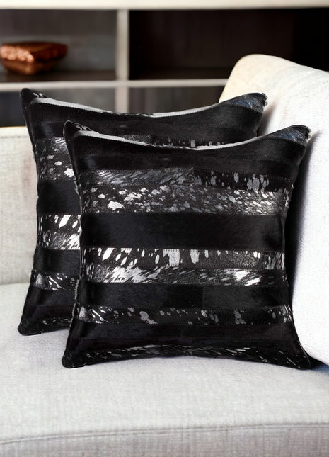 Set of Two 18" Gold and Black Cowhide Throw Pillows-0