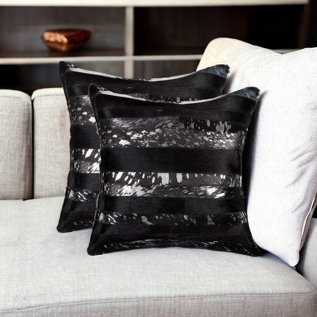 Set of Two 18" Gold and Black Cowhide Throw Pillows-0