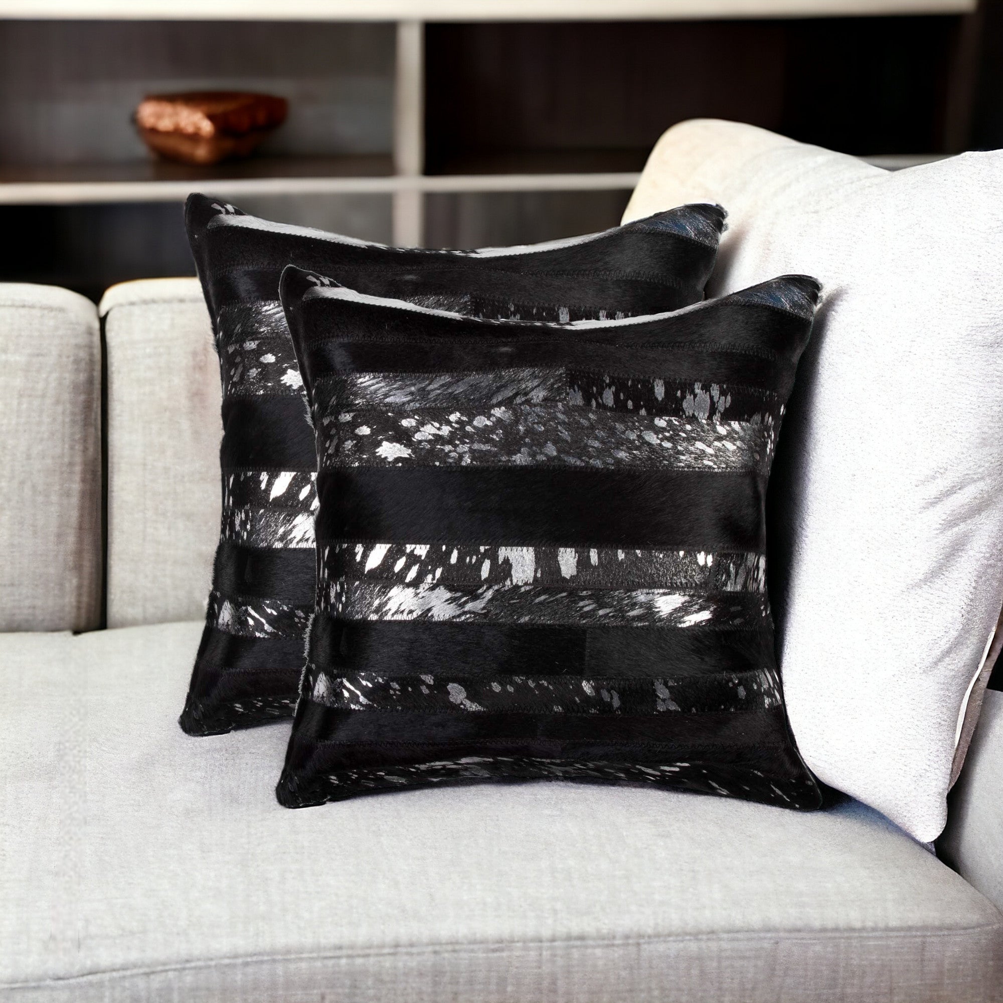 Set of Two 18" Gold and Black Cowhide Throw Pillows-0