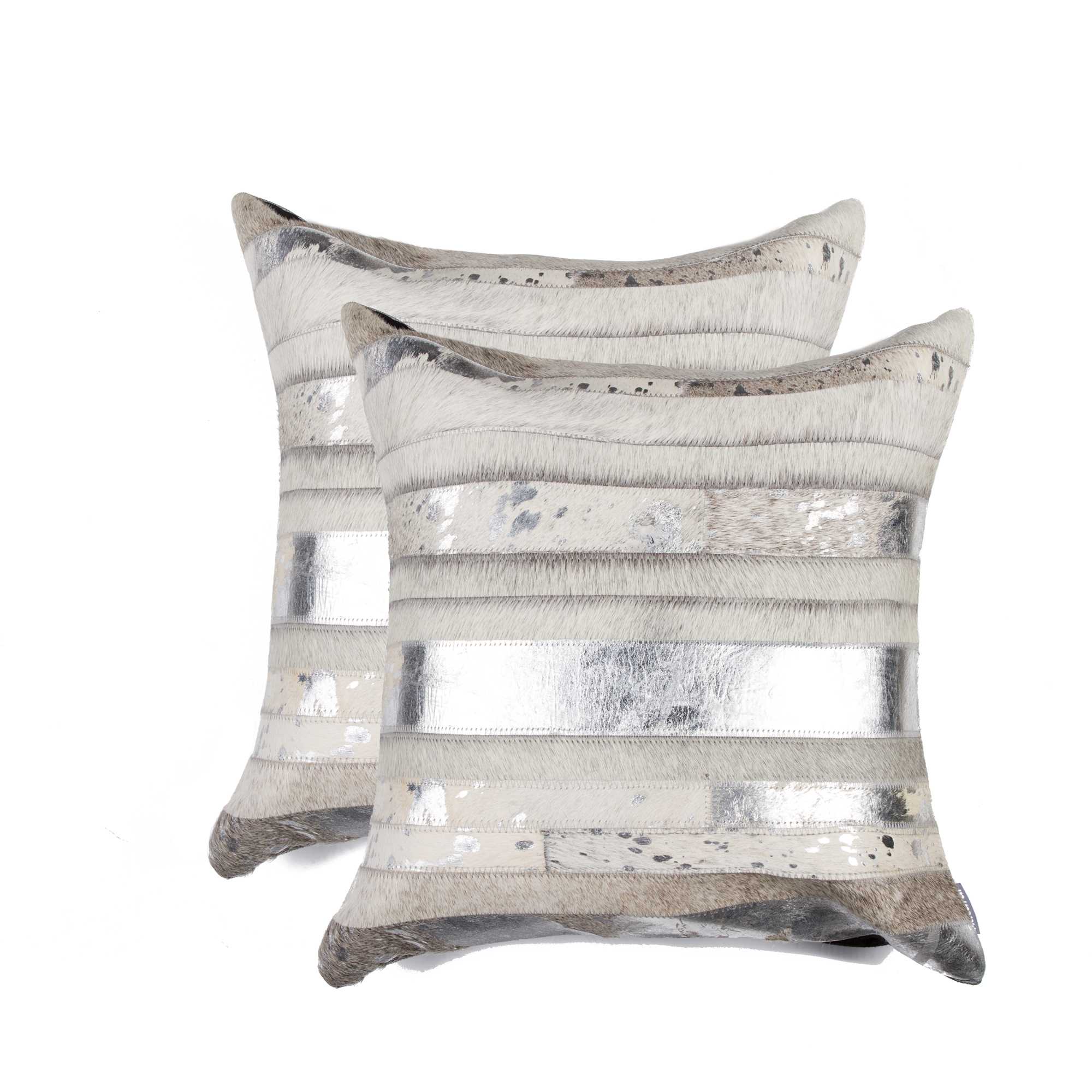 Two decorative pillows with a striped pattern on a white background