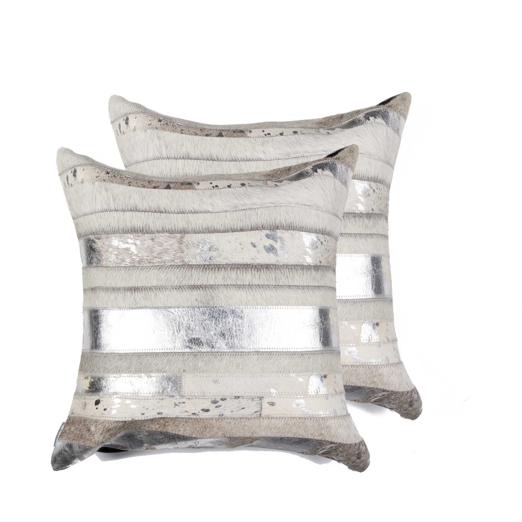 Two decorative pillows with silver and beige striped pattern on a white background