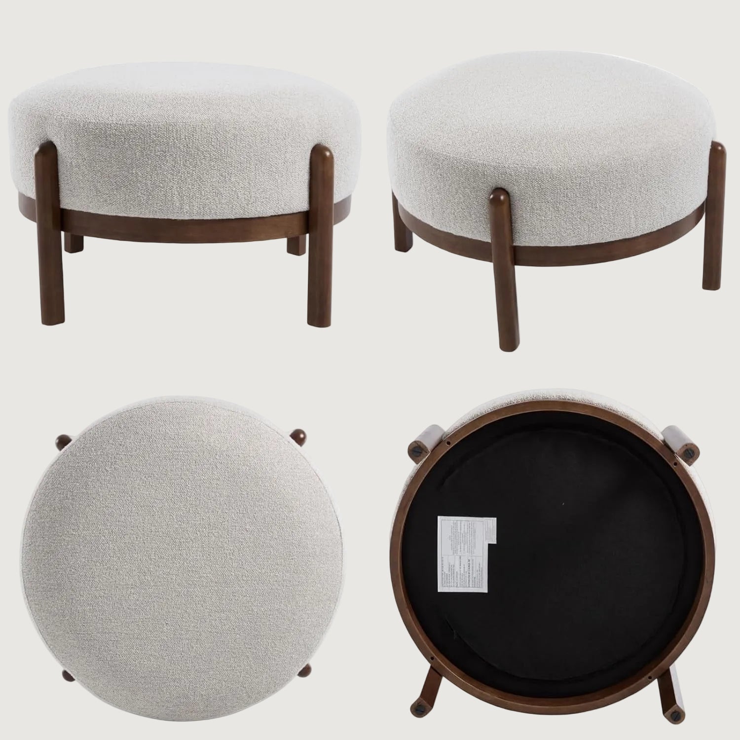 Round ottoman with wooden legs shown from multiple angles on a white background