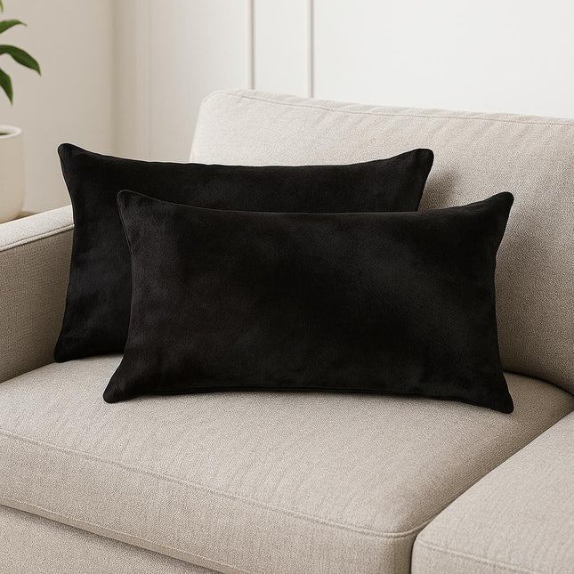Set of Two 12" X 20" Black Cowhide Throw Pillows-0