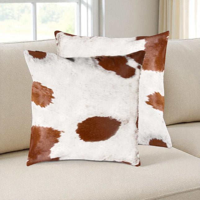Set of Two 18" Brown And White Cowhide Throw Pillows-0