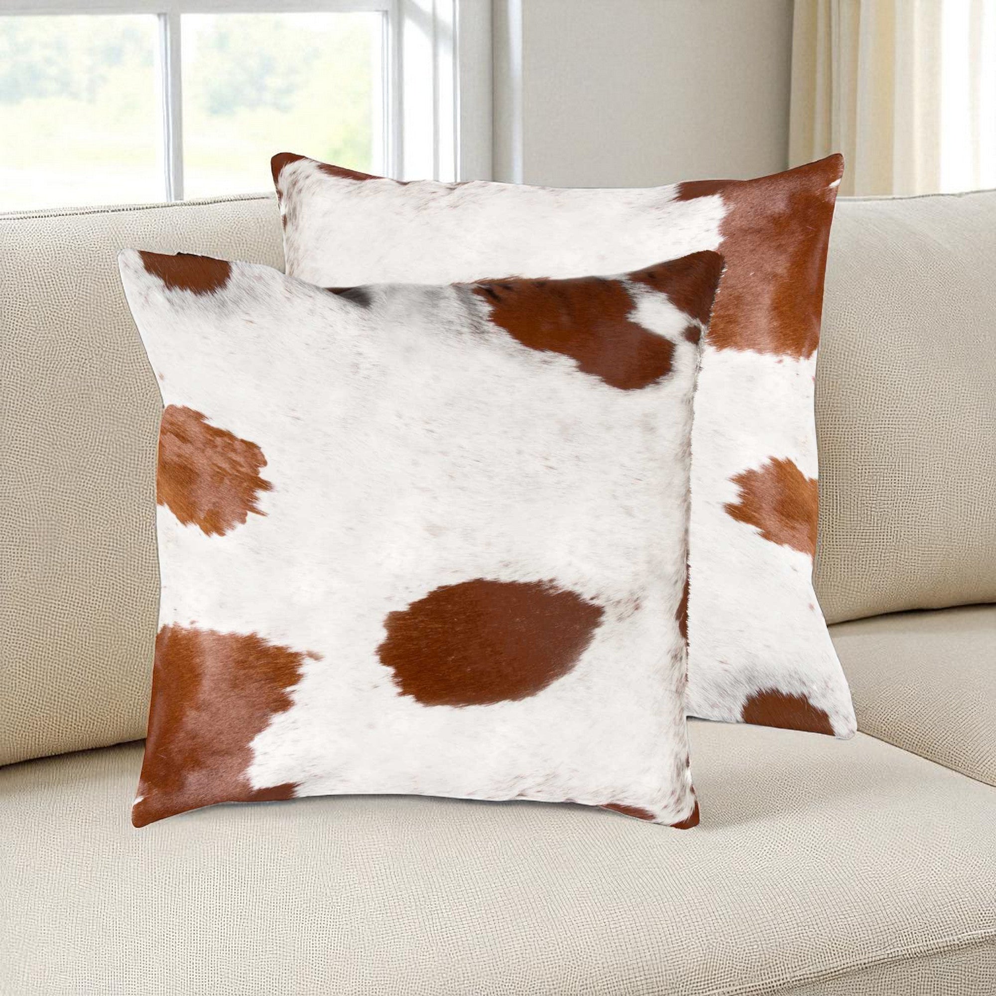 Set of Two 18" Brown And White Cowhide Throw Pillows-0